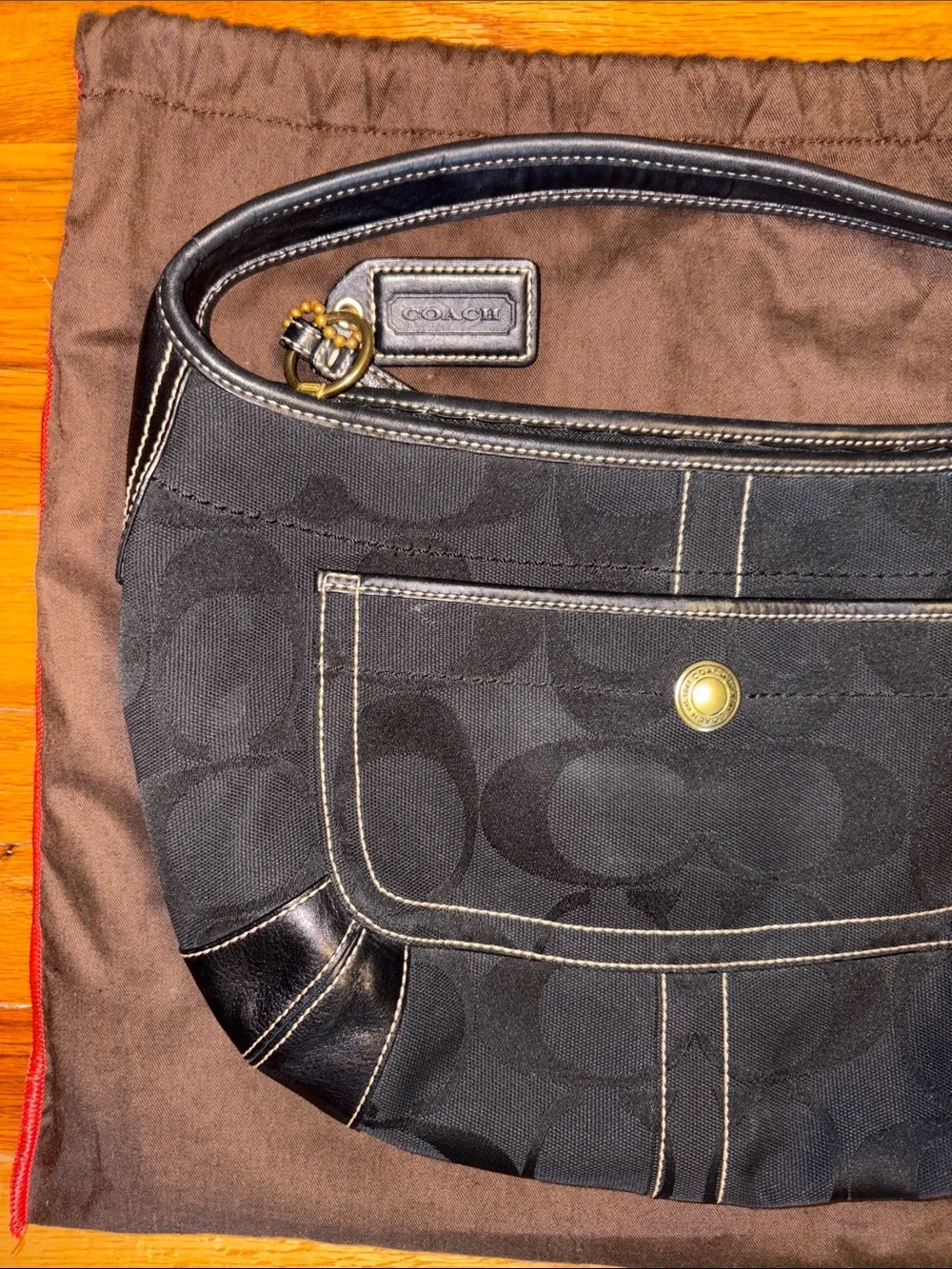 Coach Black Signature Canvas Shoulder Bag with Leather Trim